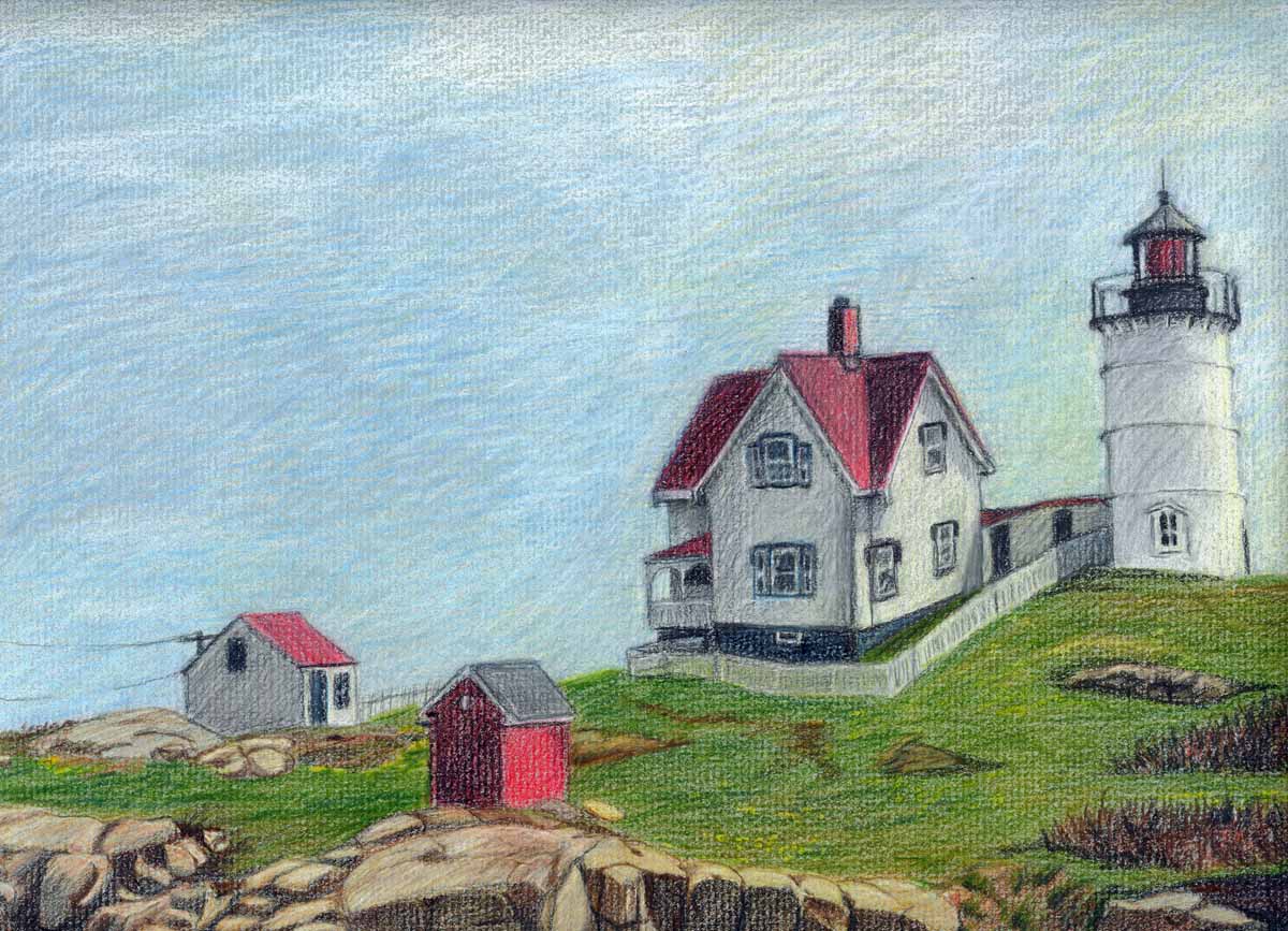 Lighthouse landscape colored pencil drawing