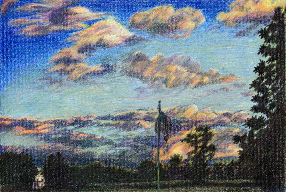 Colored pencil drawing with clouds