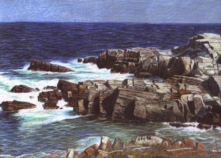 Ocean with rocks colored pencil drawing