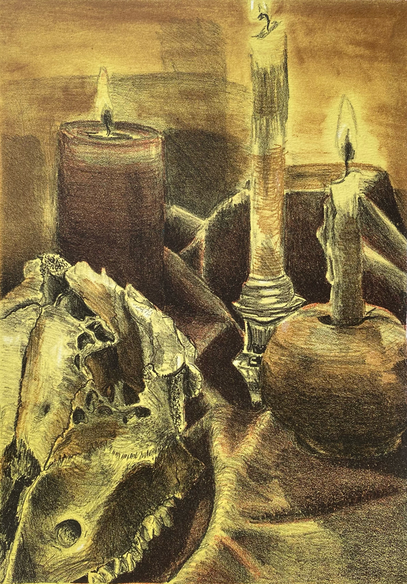 Color lithograph still life with candles and skull