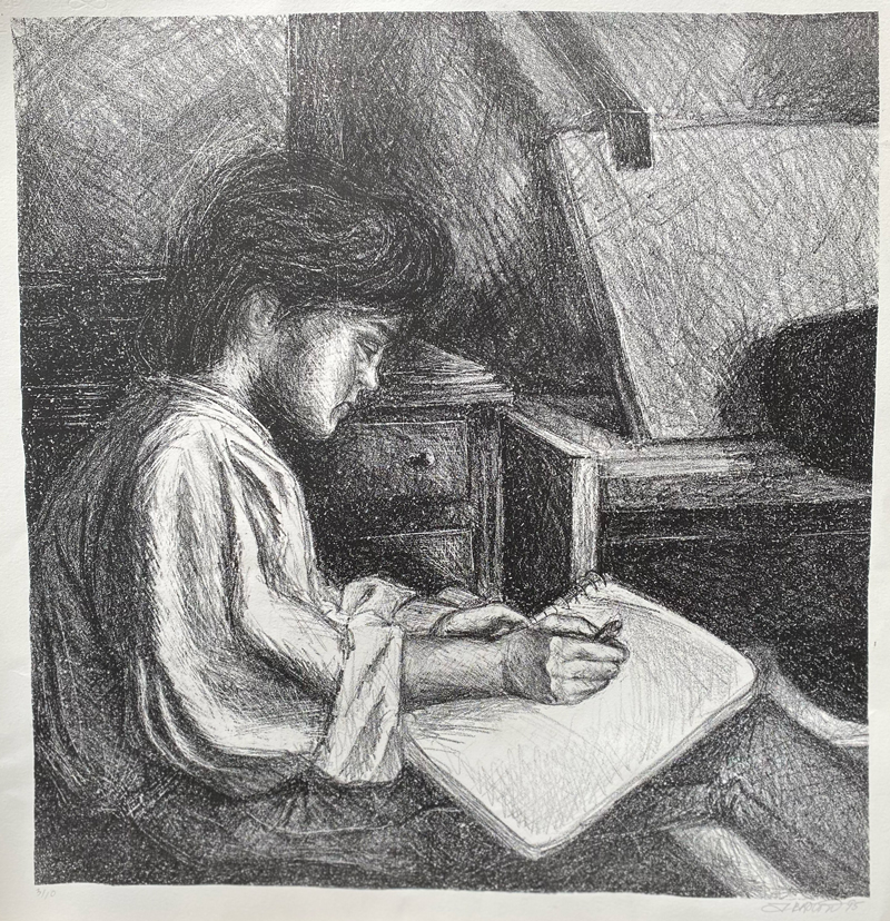 lithograph print of girl writing in notebook