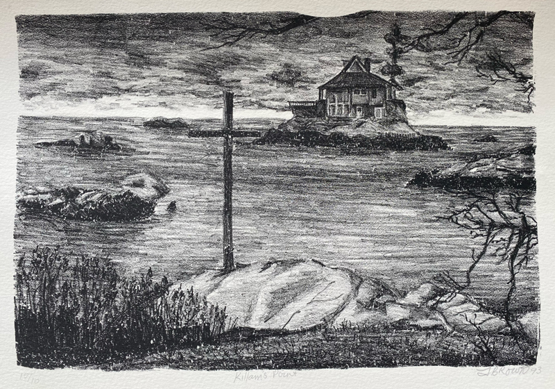 Lithograph drawing of house on island with cross in foreground