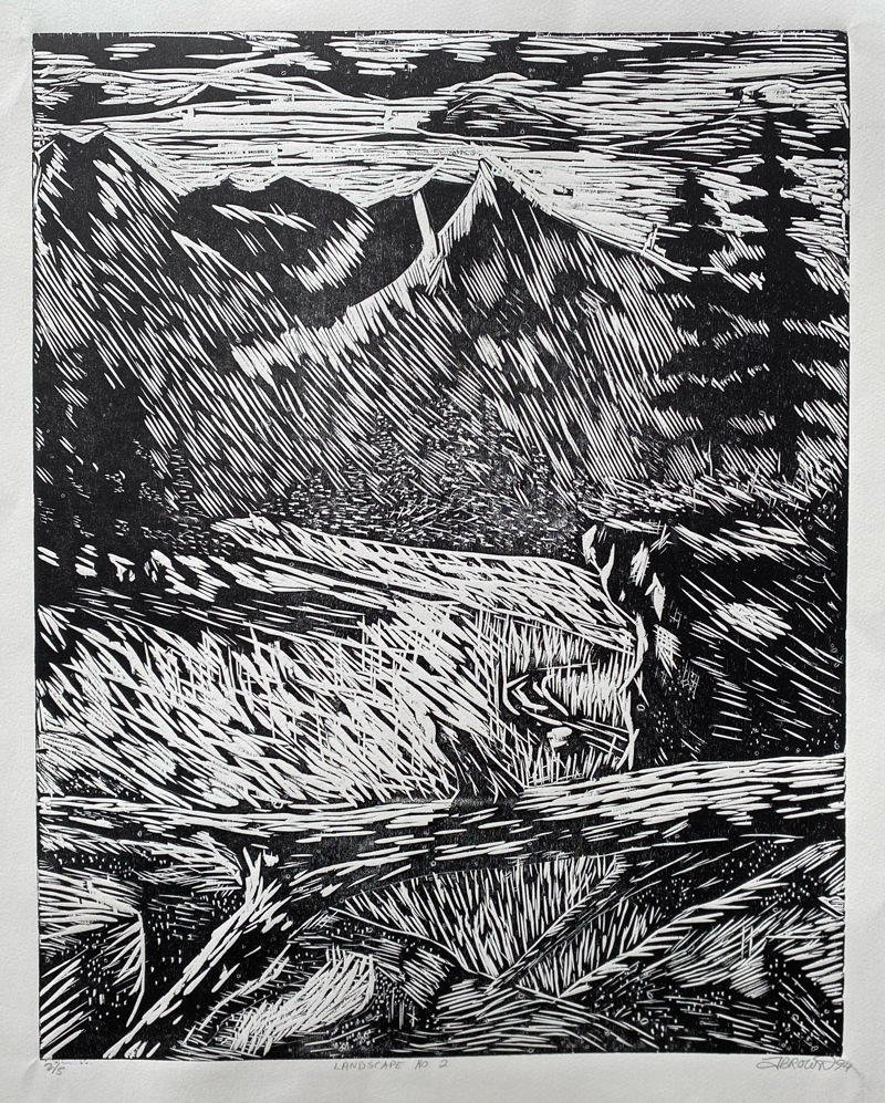 Woodcut print of landscape with mountains