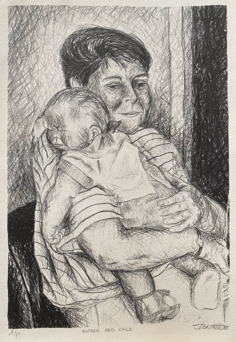 Lithograph of woman holding baby