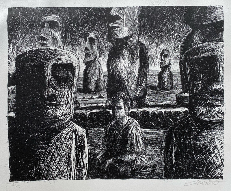 man sitting amongst easter island heads lithograph