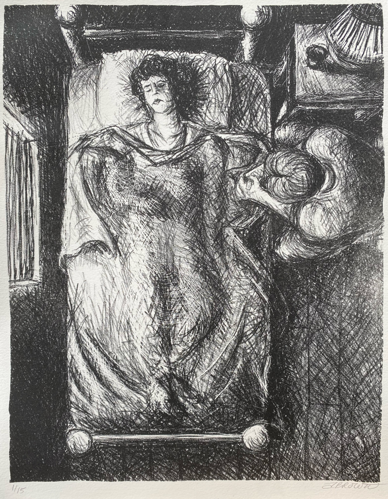 Overhead view of woman lying in bed with man sitting with her lithograph